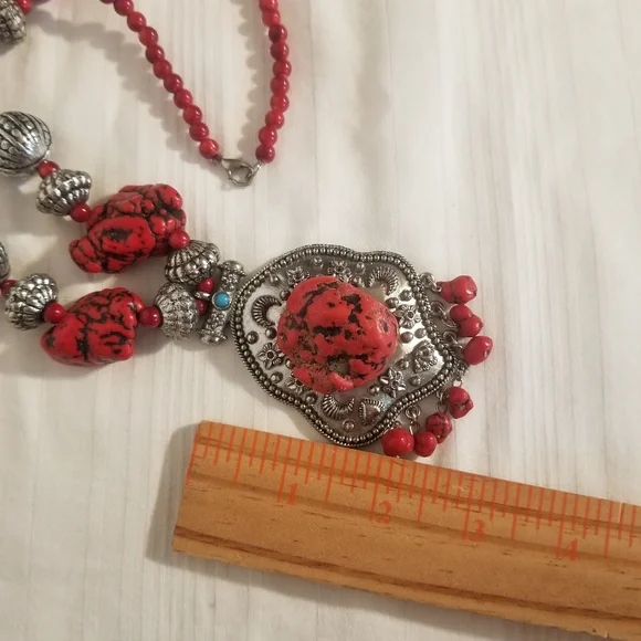 Silver Red Magnesite Southwest Statement Necklace